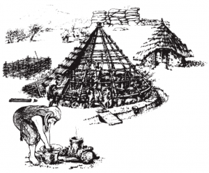 An illustration of a Bronze Age round houses. 