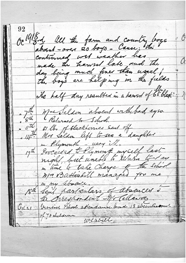 School Headmaster's Register 1918, page 1