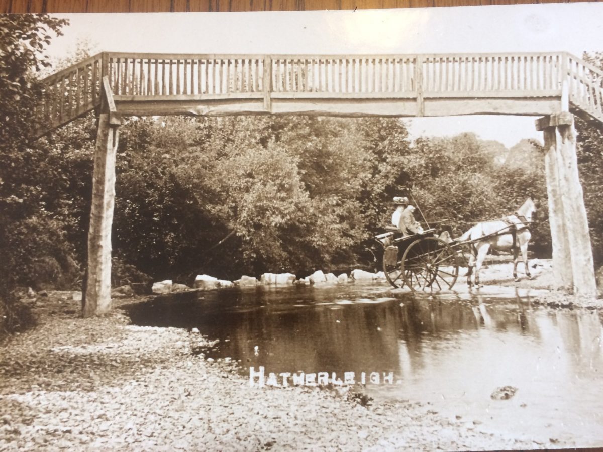 Henry Veale and wife crossing the River Lew at Passaford Bridge
