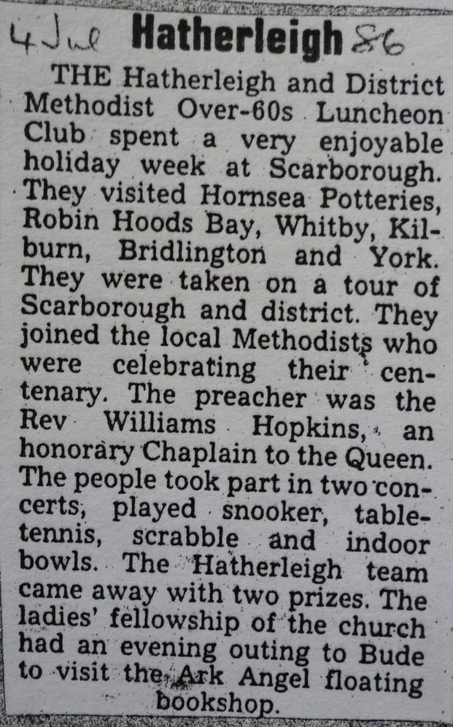 Hatherleigh Snippets: Over 60's Lunch Club outing. Tim Laing's scrapbook 1986