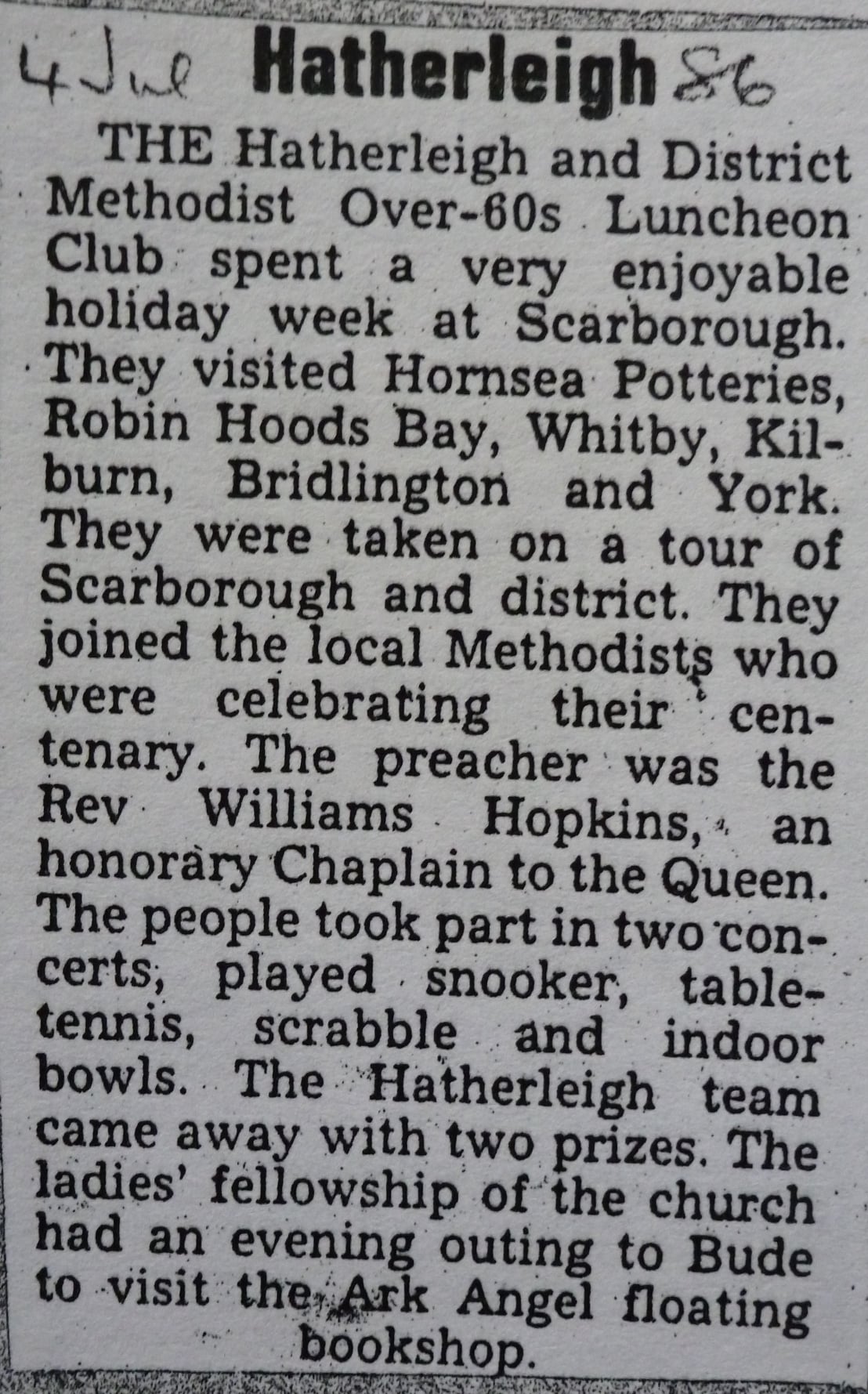 Hatherleigh Snippets: Over 60's Luncheon Club outing. Tim Laing's scrapbook 1986