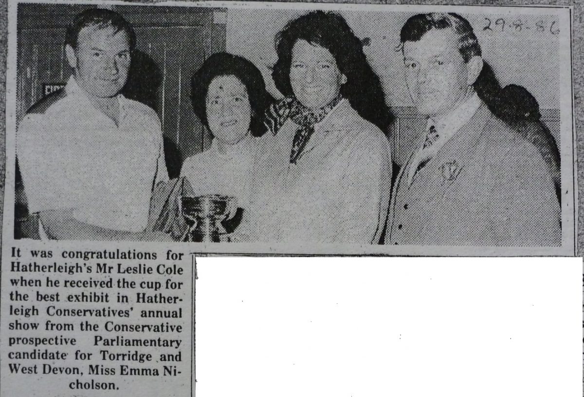 Leslie Cole receives the best exhibit cup from Emma Nicholson at the Conservative's annual show 1986. L-R Leslie Cole, Marjorie Cleverdon, Emma Nicholson, Geoffrey Cleverdon